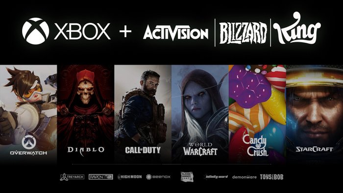 Opisujemy: grafika przedstawia połączenie Microsoftu z Activision. Na górze tekst: "Logo Xboxa + Activision, Blizzard, King". Na dole obrazki z najważniejszych serii Activision Blizzard: Overwatcha, Diablo, Call of Duty, World of Warcraft, Candy Crush, Starcraft.