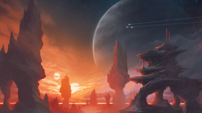 Opisujemy: artwork przedstawia jeden ze światów Stellaris. Wielkie struktury prezentują się na tle zachodzącego pomarańczowego słońca. W tle przelatują małe statki kosmiczne, połowę nieba zajmuje ciemna planeta.