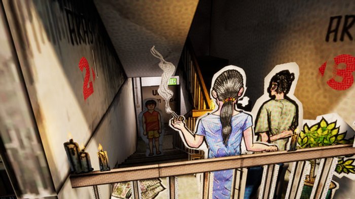 Opisujemy: screenshot z gry Paper Ghost Stories. Na pierwszym planie dwie osoby palą papierosa w bloku. Na dole klatki schodowej w tle stoi postać męska. Całość wygląda jak wycięta i ułożona z tektury.