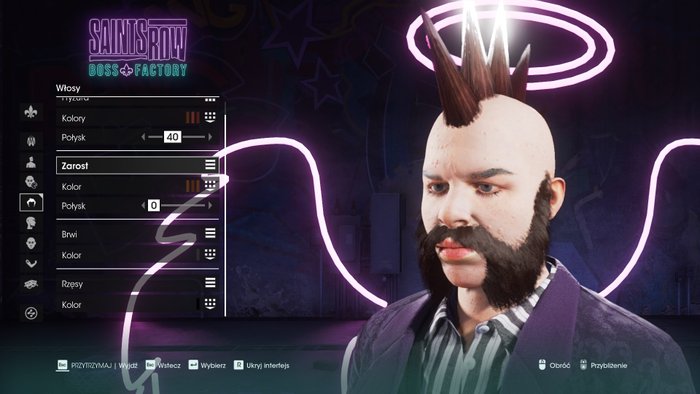 Opisujemy: Zrzut ekranu z kreatora postaci Saints Row: Boss Factory. Po lewej stronie ustawienia włosów, po prawej stronie posępna osoba z irokezem i intrygującą, brązową brodą.