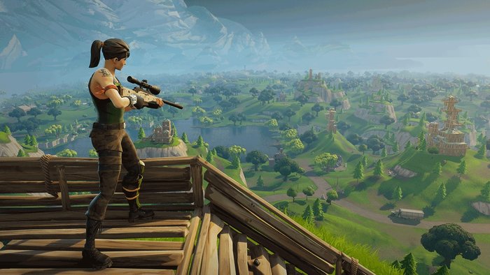 Screenshot z gry Fortnite: Battle Royale, przedstawiający żołnierkę stojącą ze snajperką na tle krajobrazu mapy