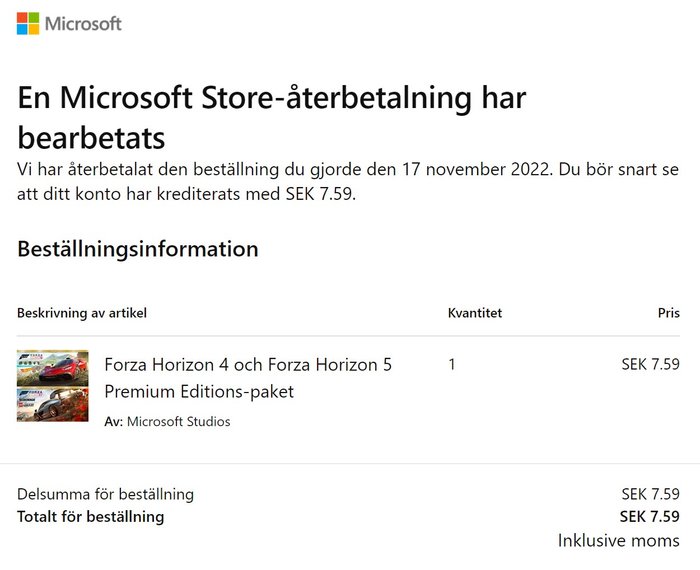 Informacja o zwrocie pieniędzy ze szwedzkiego Microsoft Store'u