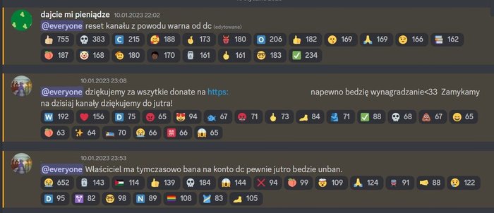 Screenshot z Archidiecezji Wrocławskiej Roblox, gdzie administrator prosi o pieniądze. Pod jego wiadomością znajduje się bardzo dużo reakcji-emotikonek.