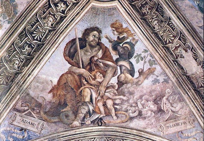 Adam z dzieckiem, na drugim planie porywająca dzieci Lilith. Filippino Lippi, fresk, bazylika Santa Maria Novella we Florencji.