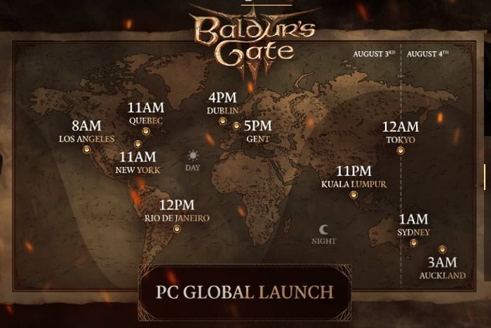 Mapka przedstawiająca godziny uruchomienia Baldur's Gate 3 na PC, w Polsce jest to 17:00.