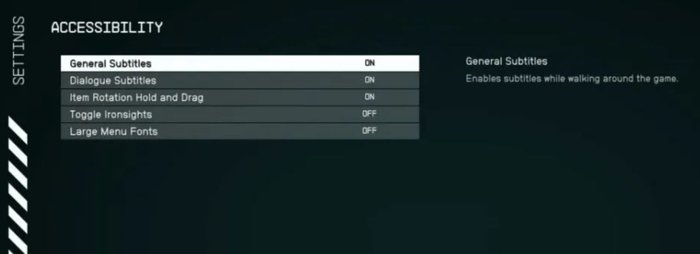 Screenshot ukazuje anglojęzyczne menu Starfielda z pięcioma opcjami dostępności. Do wyboru mamy m.in. napisy, napisy dialogów czy powiększoną czcionkę.