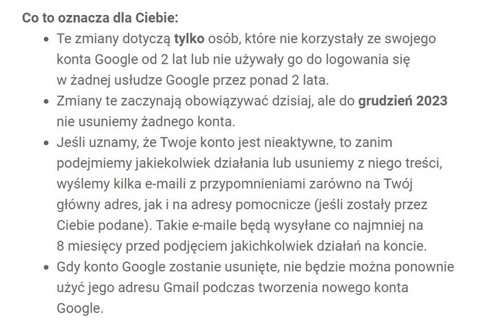 Fragment informacyjnego e-maila od Google'a.