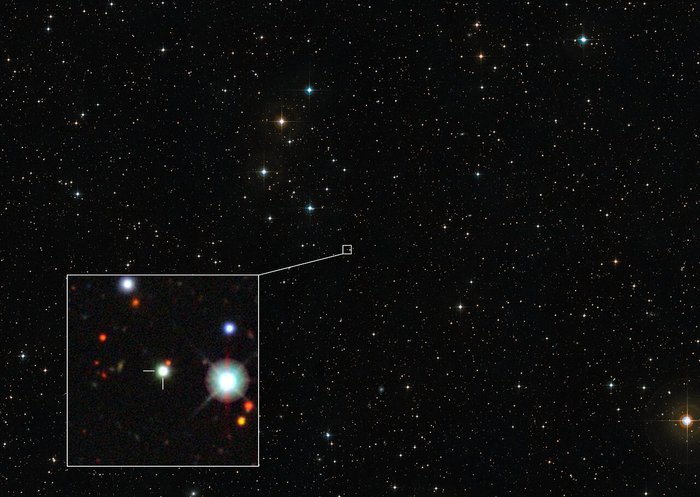 Kwazar J0529-4351 uchwycony na zdjęciu. Fot. ESO