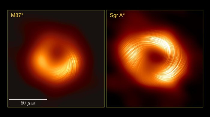 Porównanie centralnych czarnych dziur galaktyk M87 i Drogi Mlecznej w świetle spolaryzowanym. Foto: EHT Collaboration