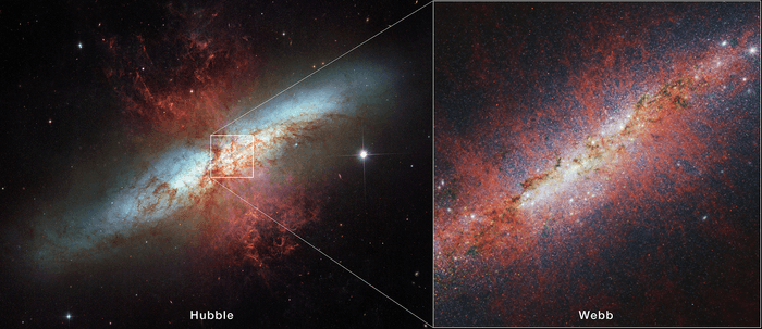 Porównanie tego, co zaobserwowały teleskopy Hubble'a i Webba.