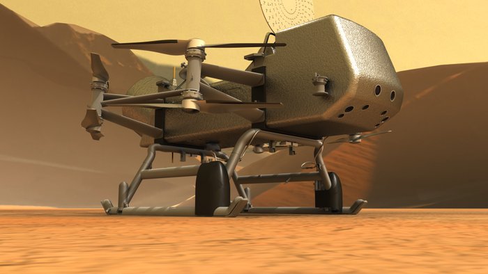 Dragonfly na powierzchni Tytana - wizja artystyczna. Foto: NASA