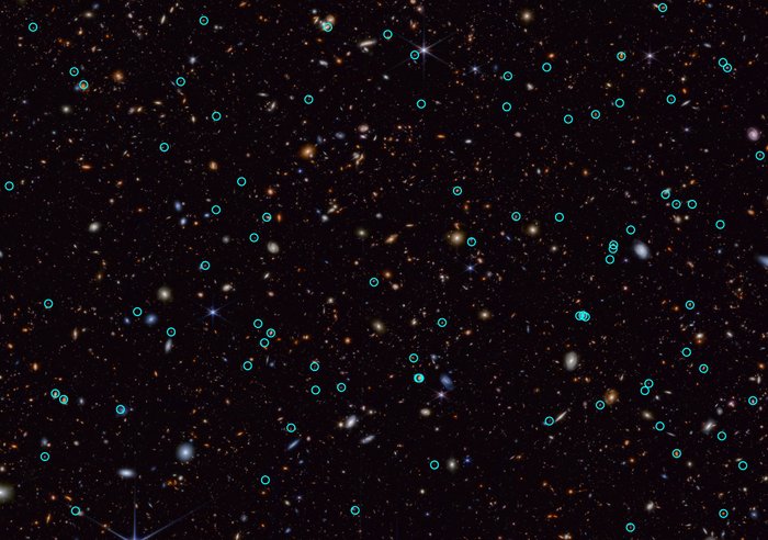 Supernowe dostrzeżone przez teleskop Webba. Fotografia: NASA, ESA, CSA, STScI, JADES Collaboration.
