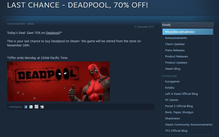 Ostatnie dni Deadpoola na Steamie.