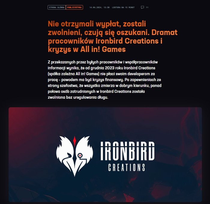 O sytuacji ekspracowników Ironbird Creations pisaliśmy w czerwcu 2024 roku.