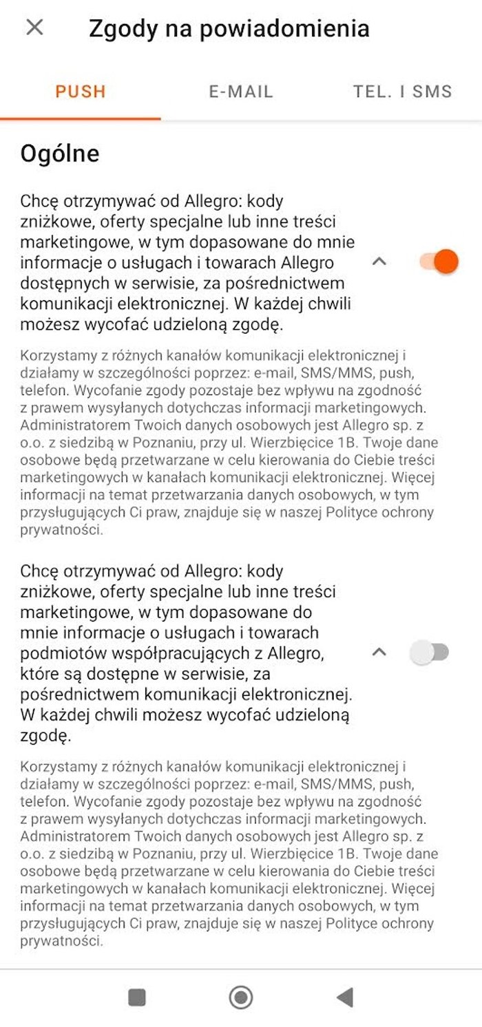 Aplikacja Allegro nie umożliwia filtrowania powiadomień.