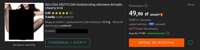 Przykładowa oferta sprzedaży w dziale „Erotyka” na Allegro.