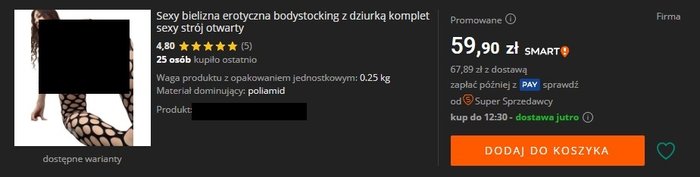 Przykładowa oferta sprzedaży w dziale „Erotyka” na Allegro.