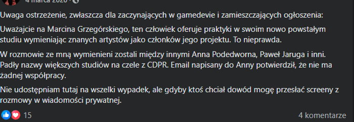 Original Facebook Post from GameDev Poland: Support (in Polish).